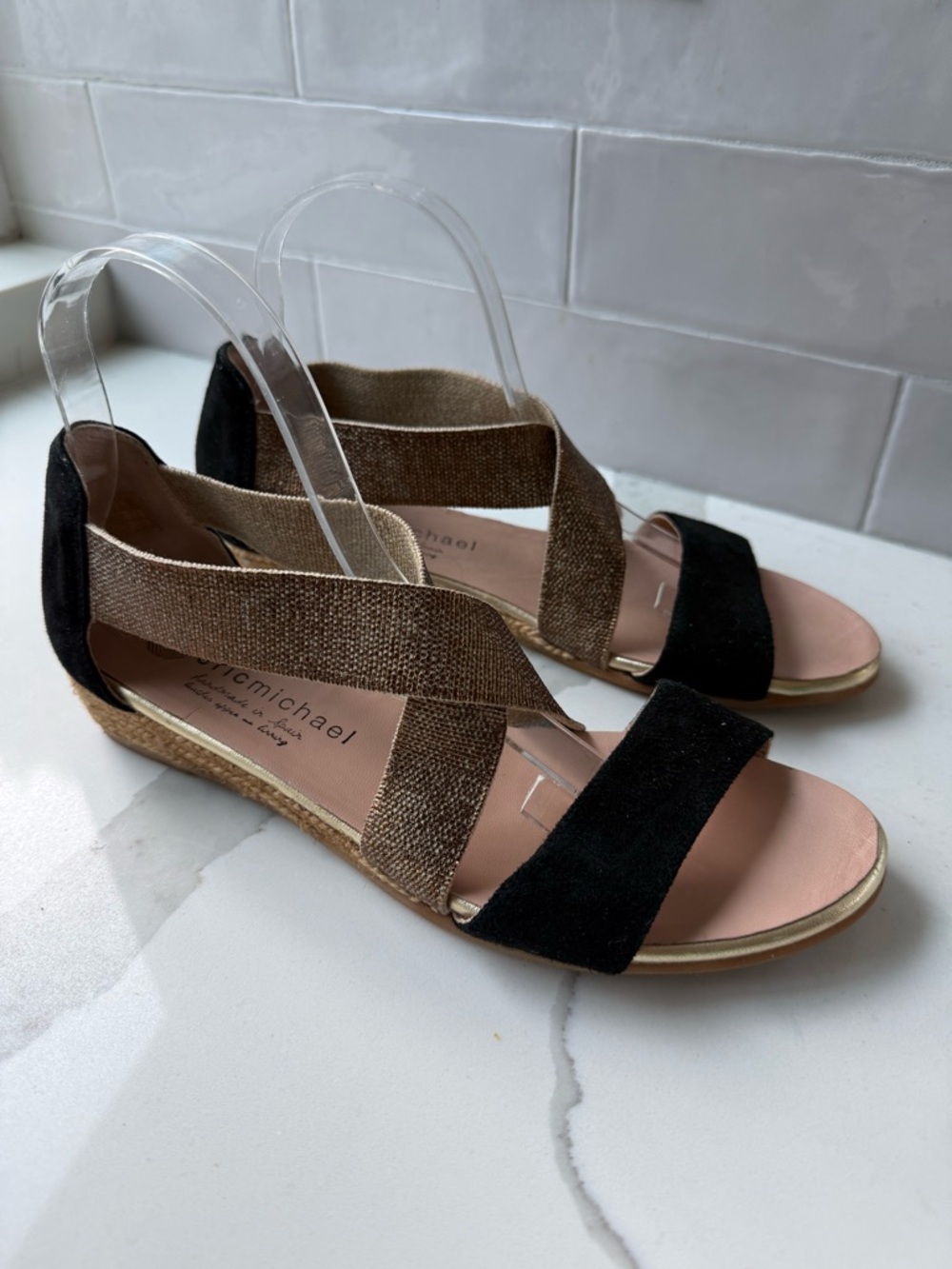 Eric Michael -  Black and Metallic Brown Strappy Wedge Sandals